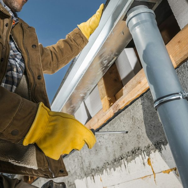 Worker Finishing Installation of Eaves Roof Gutters